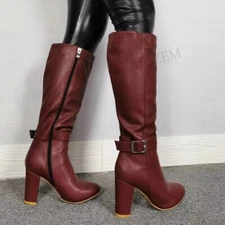 Women Knee High Boots Zip Up Block Thick Heels Round Toe Tall Boot Ladies Shoes