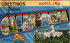 GREETINGS FROM SANTA ANNA CALIFORNIA - 1944 VINTAGE LINEN LARGE LETTER POSTCARD