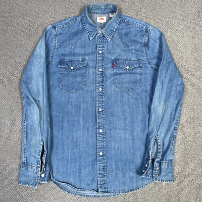 LEVIS Hemd Herren Small Blau Denim Western Druckknopf Perlen Regular Fit USA Cowboy