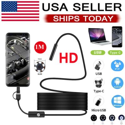 1M 6LED USB Snake Endoscope 7mm HD Inspection Camera Scope For Type C Android 
