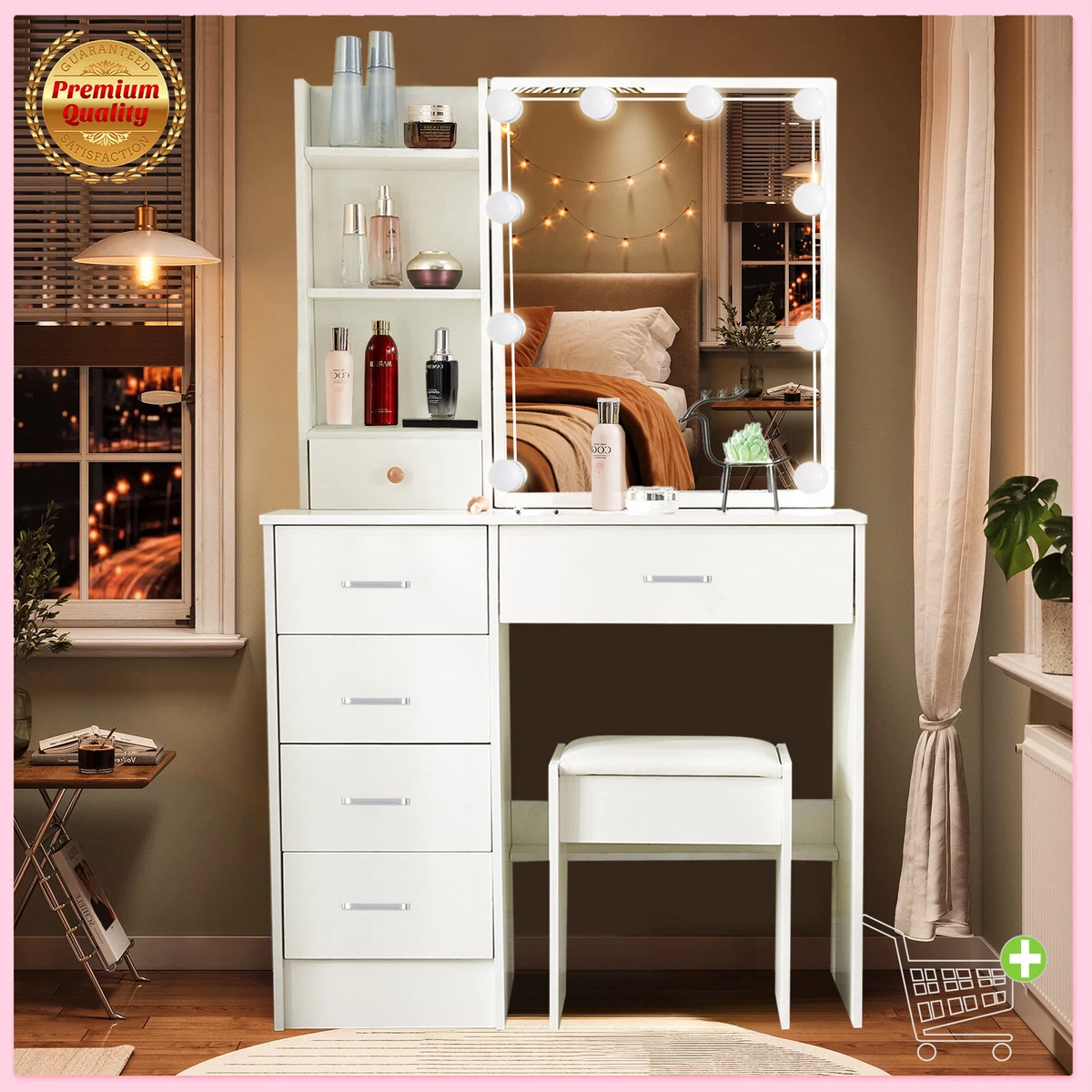 Vanity Makeup Table Drawers Dressing Desk and Stool Set + 10 LED 