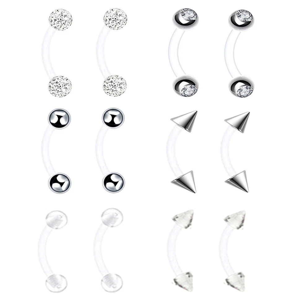 12pc Set Steel Crystal Barbell Curve Eyebrow Ring Flexible Ear Tongue Bar 8/10mm - Image 2 of 3