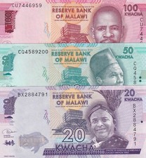 Malawi, 20-50-100 Kwacha, 2019/2020, UNC, p63; p64; p65, (Total 3 banknotes) ,Se