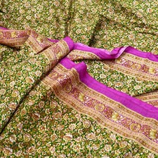 Vintage Sari Purple Green Pure Silk Printed Saree Craft Fabric 6yd Sewing Soft