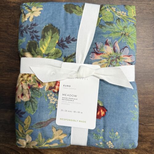 POTTERY BARN MEADOW FLORAL/IKAT REVERSIBLE PERCALE COMFORTER SHAM ~ EURO