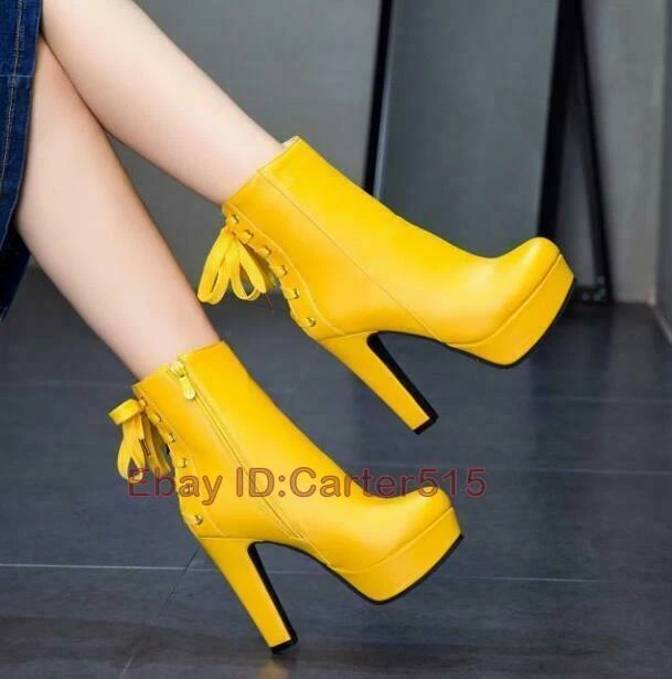 Fashion Ladies High Heels Punk Ankle Boots Combat Shoes Yellow