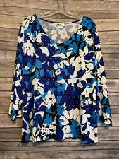 All Hours Blouse 2XL Sparkly Rhinestones 3/4 Sleeves Blue White Floral