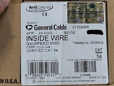 General Cable 5133268E GenSPEED 5000 24/4P UTP Cat5e Networking CMR Beige /100ft