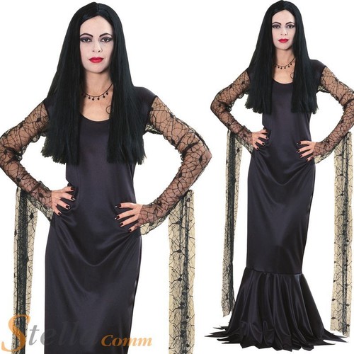 Ladies Licensed Morticia Addams Family Black Dress Halloween Fancy Dress Costume