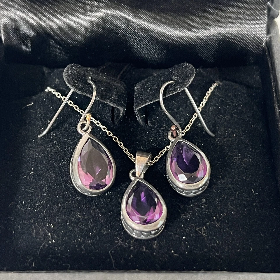 Coldwater Creek Ametista Viola & Argento Sterling Lacrima Set Orecchini Collana - Immagine 2 di 4