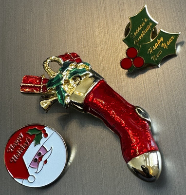 AAI Vintage Christmas Brooch Pin Set Stocking Red Gold Tone Holly Santa Pins