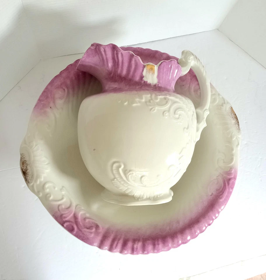 Antigua jarra y lavabo de cámara rosa victoriano MELEMIK del siglo XIX inglés Foto 4 de 4