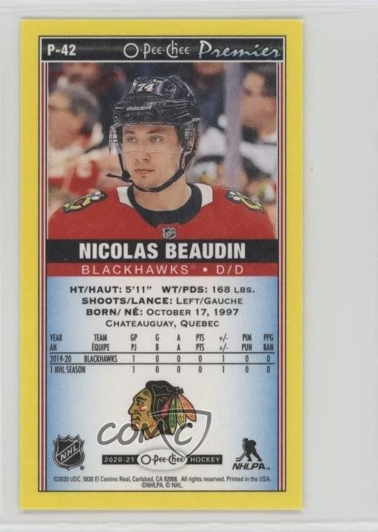 2020-21 O-Pee-Chee Premier Tallboys SP Yellow Border Nicolas Beaudin Rookie RC - Image 2 of 2