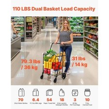 Folding Shopping Cart Jumbo Grocery Cart with Double Baskets 360  Swivel
