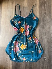 Vintage Dentelle Floral Satin Slip Chemise - Teal with Pink Blooms Medium