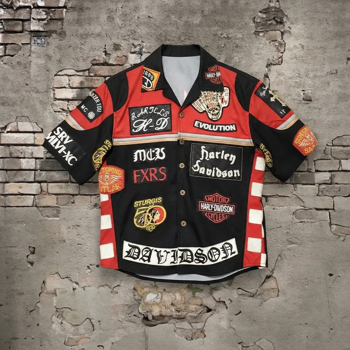 Harley Davidson & Marlboro inspired hawaiian shirt, button down biker shirt