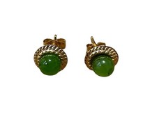 4MM Nephrite Green Jade Ball Stud Earrings 14K Yellow Gold