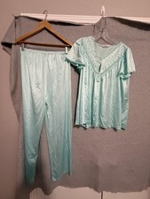 Vtg Vanity Fair Pajama Set Womens Medium Blue Nylon Babydoll Lace Made USA