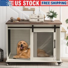 Farmhouse Dog Crate Furniture Wooden Dog Kennel Side End Table With Sliding 37"