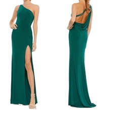 NWT Ieena for Mac Duggal One Shoulder Draped Back Gown in emerald green (Style #