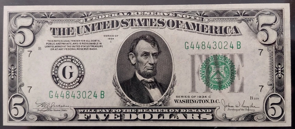 1934 C $5 Federal Reserve Note, Chicago, Wide Face, Gem New 66 PPQ! Fr#1959G. - Image 2 of 4