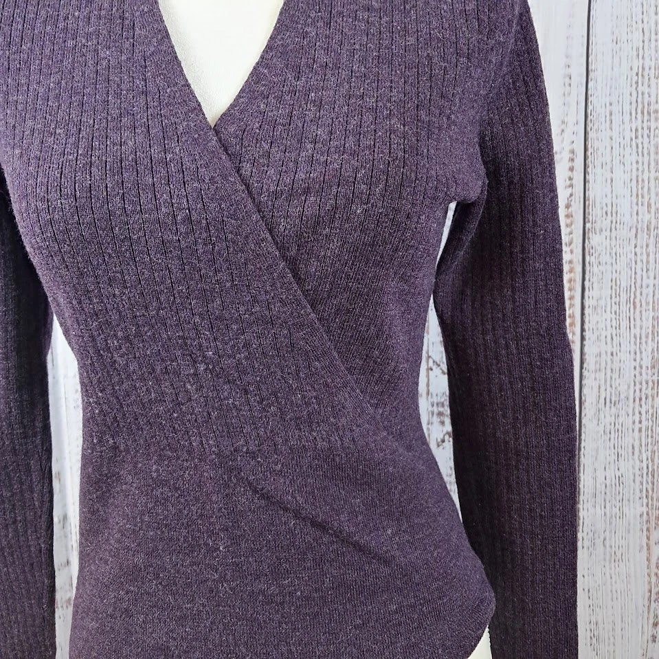 Suéter TWEEDS XS 100 % Italiano Lana Merino Tejido Acanalado Ciruela Púrpura Y2K Foto 4 de 4