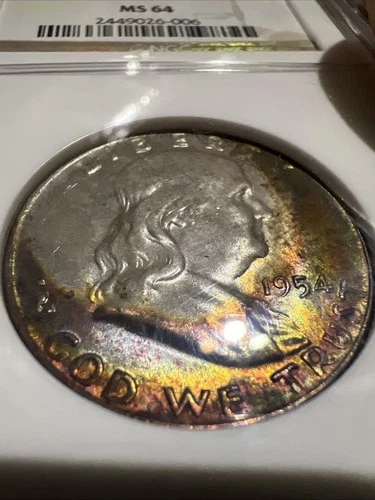 1954 D NGC MS64 Color Toned Franklin Half Dollar 50¢