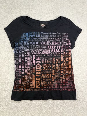 HARLEY DAVIDSON Womens XL T Shirt Short Sleeve Black Multicolor Spellout Logos
