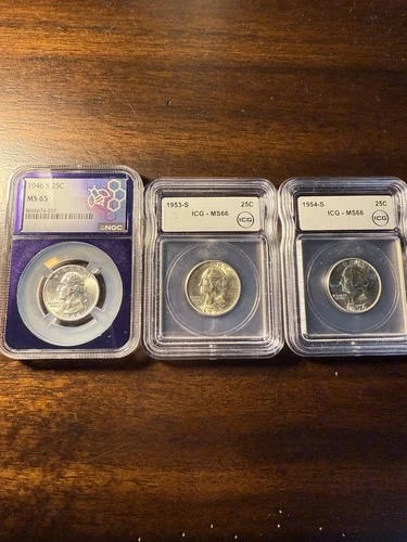 Washington Silver Quarter Lot – 1946S NGC MS65, 1953S ICG MS66, 1954S ICG MS66