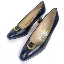 Rare Salvatore Ferragamo Gancini Pumps Navy Leather 7D 24cm Heel 7cm
