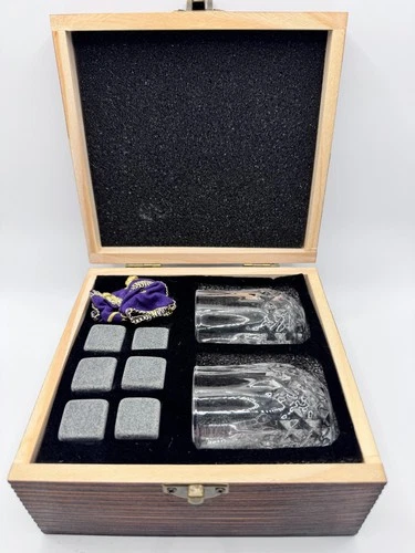Crown Royal Whiskey Glasses & Chilling Stones Gift Set Wood Box 9 Piece