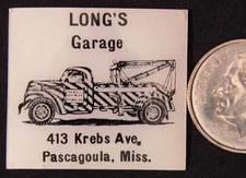 1950's Long's Garage Pascagoula MS Wrecker Truck Matchbook Art Proof MBa1