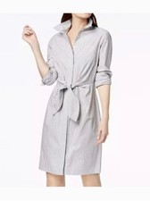 Calvin Klein Women Sz 10 Gray Striped Tie Front Long Sleeve Cotton Shirt Dress