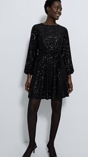 Ladies  Black Sequin Long Sleeve Belted Mini Dress size 14 New 
