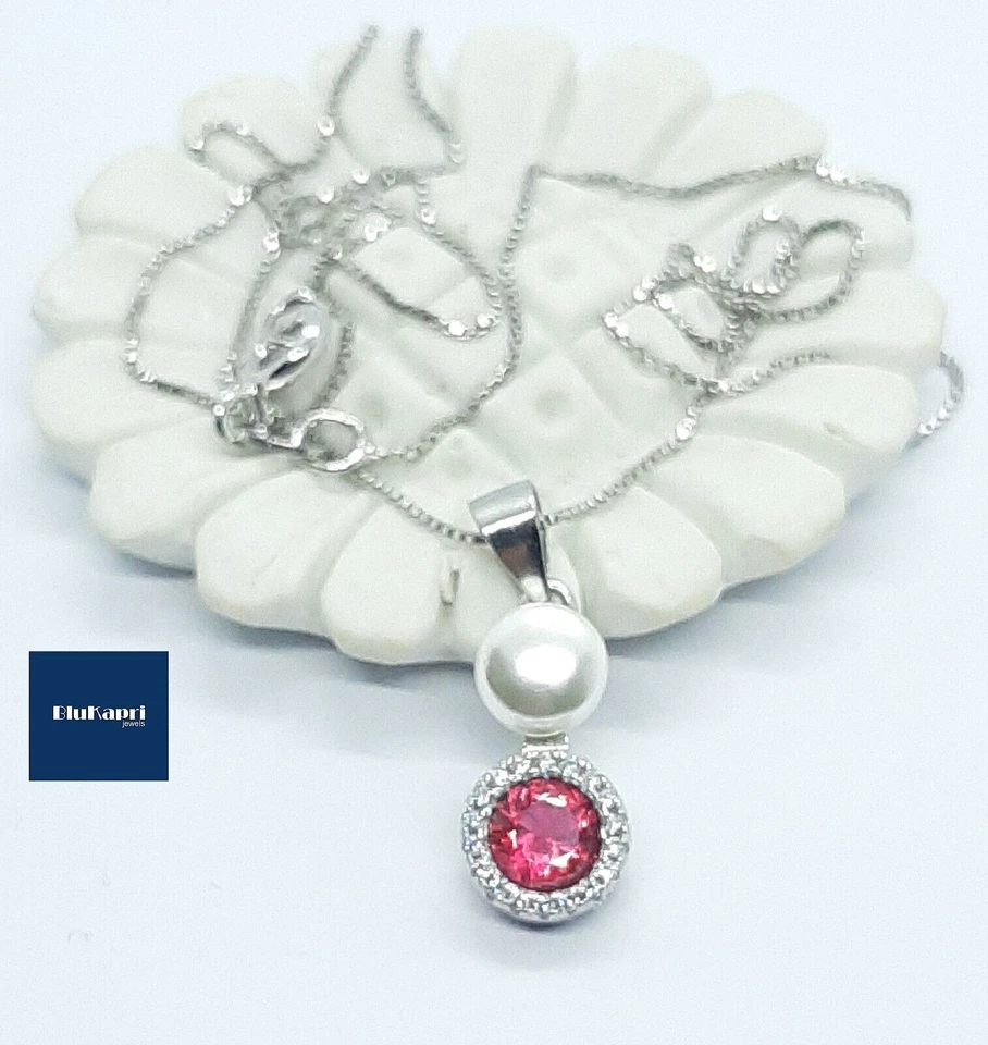 Collana donna in Argento 925 con ciondolo pietra rossa e zirconi bianchi collier - Immagine 2 di 4