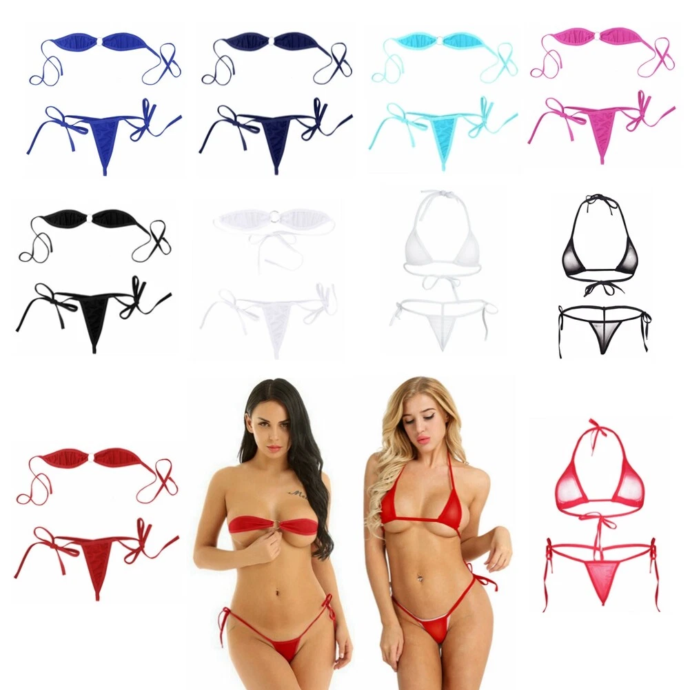 Women Mini Micro Bikini Set Sexy Halterneck Bra Top with G-String T-Back  Briefs