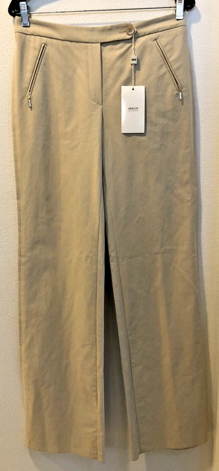 $595 NUEVO Pantalones para Mujer Armani Collezioni EE. UU. 6 Beige tiro medio cremallera bolsillo pierna ancha