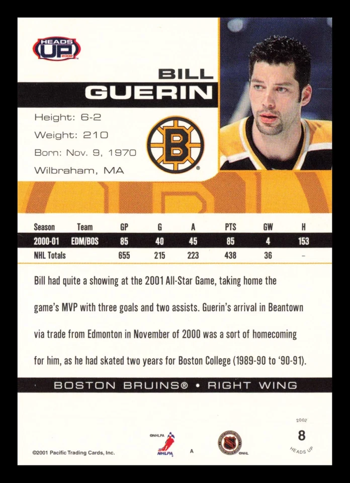 2001-02 Pacific Heads Up - #8 Bill Guerin - Image 2 of 2