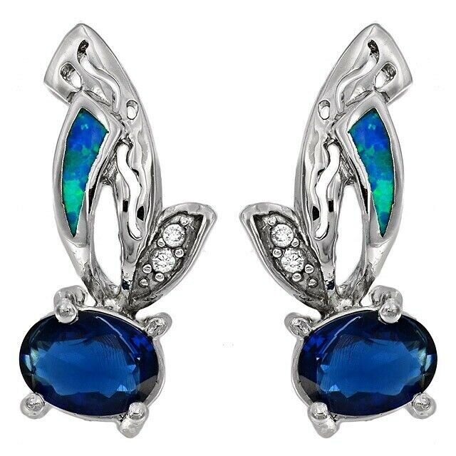 2CT Treated Blue Sapphire with Australian Opal Inlay 925 Sterling Silver Earrings