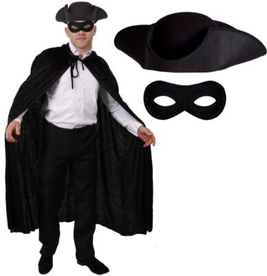 BANDIT KOSTÜM HIGHWAY MANN DREISPITZ HUT SCHWARZ UMHANG MASKE TURPIN ZORRO KOSTÜM