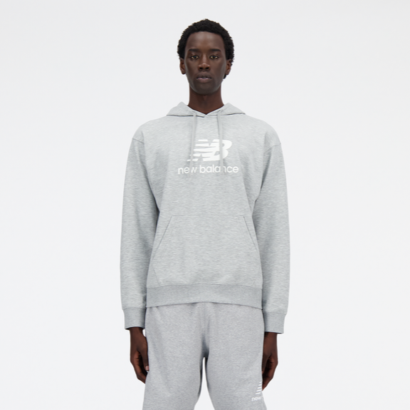 New Balance French Terry Stacked Logo Pullover Hoodie Grey White Men's S-XXL