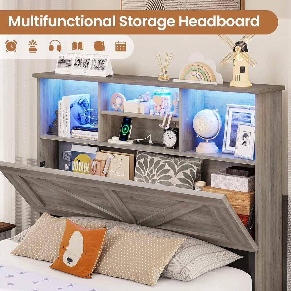 Каркас кровати фермерского дома с изголовьем книжного шкафа для хранения и 4 ящиками. Светодиодная деревянная кровать - Изображение 4 из 4