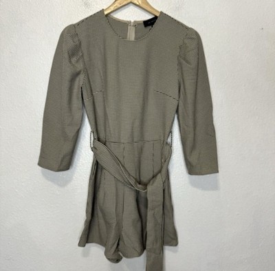 En Saison Brown Cream Houndstooth Romper Women s XS Long Sleeve Tie Waist