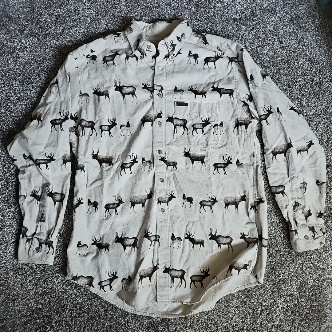 Woolrich Flannel Shirt Mens Large Elk All Over Print Hunting Outdoor Button Up