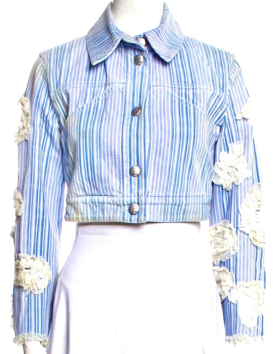 HAY:CHANEL ストライプジャケット 34 Chanel 2018 Blue Stripe Denim White 3D Flower Short Jacket