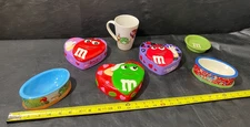 M&M ceramic candy dish heart lot of 3 w/ Department 51 dishes and mug M&Ms