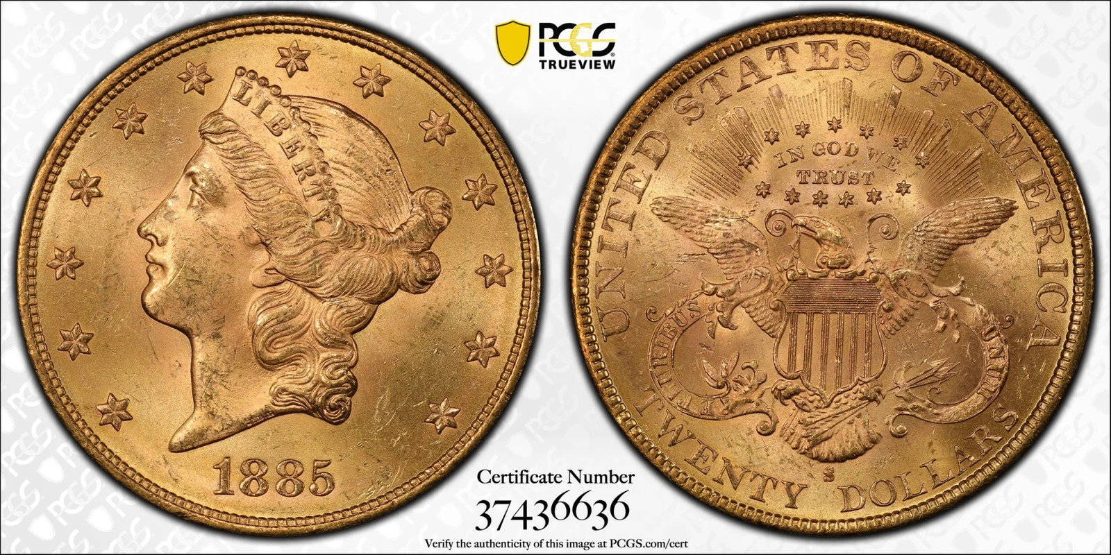 1885-S $20 GOLD LIBERTY DOUBLE EAGLE PCGS MS64 CAC PQ!! FAIRMONT