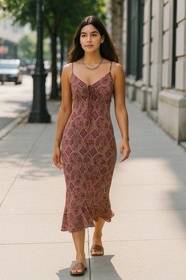 VTG Midi Dress Womens 11/12 Red Brown Paisley Grunge Fairy Romantic Floral Y2K