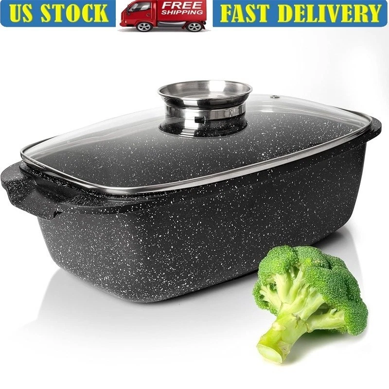 Multi-Use Non-Stick Deep Roaster Pan Induction Oven Safe W/ Glass Lid 6 Quart