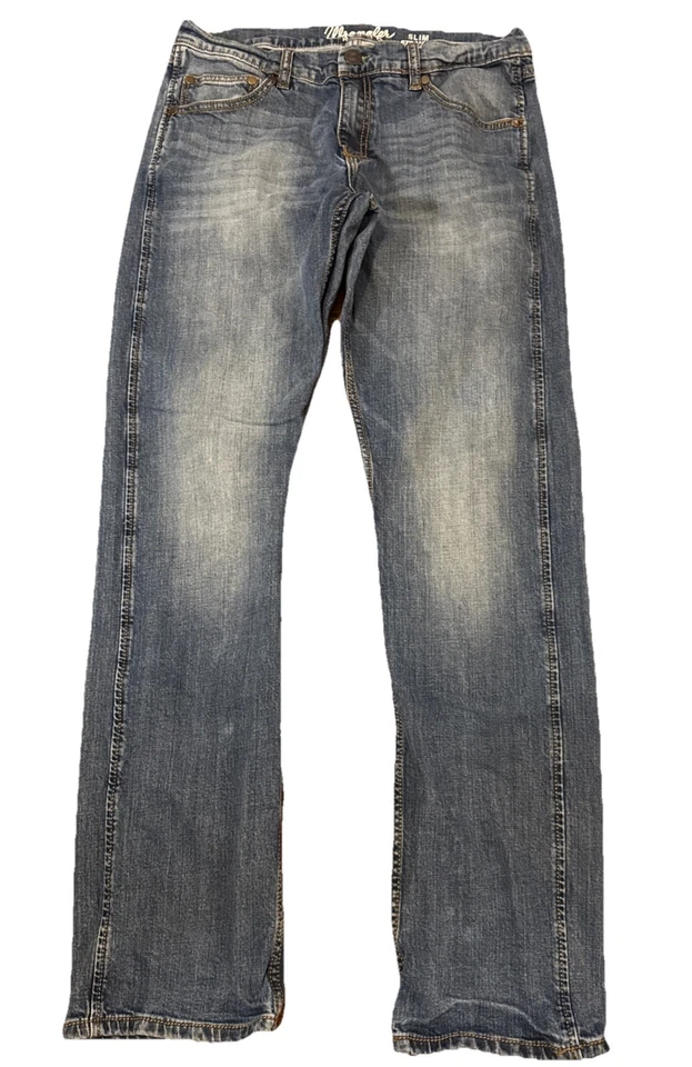 Pantalones de mezclilla vaqueros rectos ajustados lavado medio Wrangler retro para hombre 32x34 Foto 2 de 4